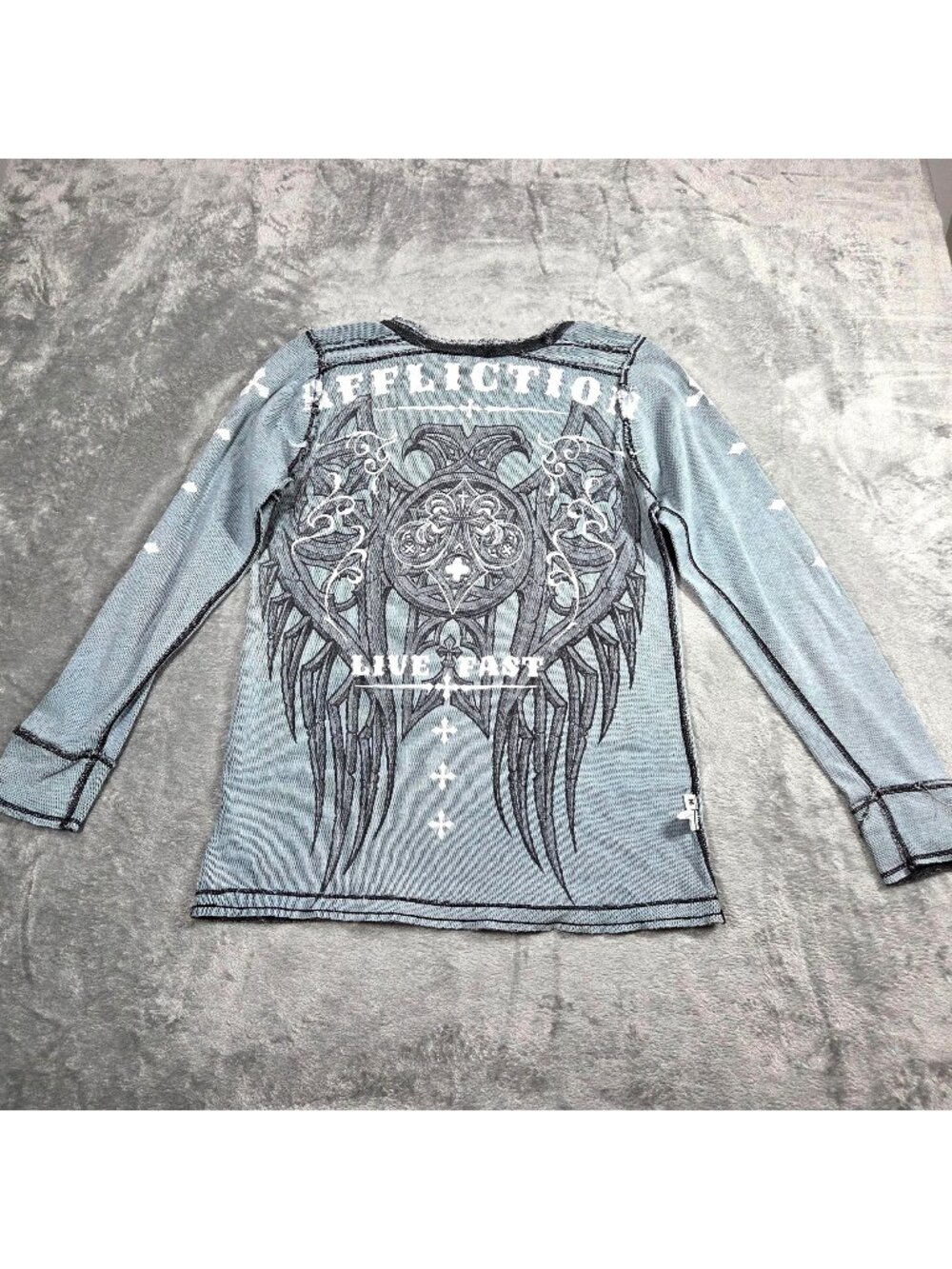Affliction Shirt Mens M Blue Black Reversible Thermal Y2K Wings Live Fast USA